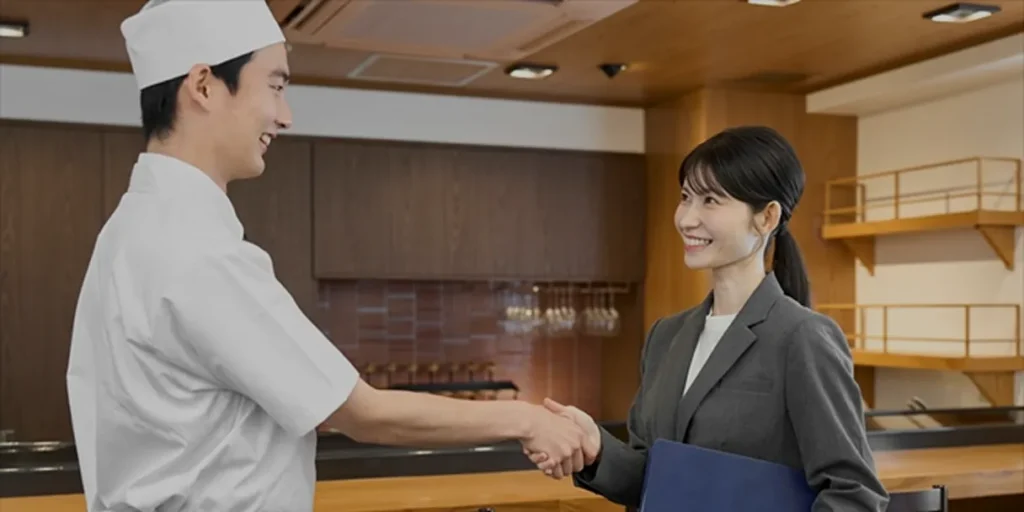 法人向けソリューションの契約が成立した際の、お店と営業マンの信頼の握手